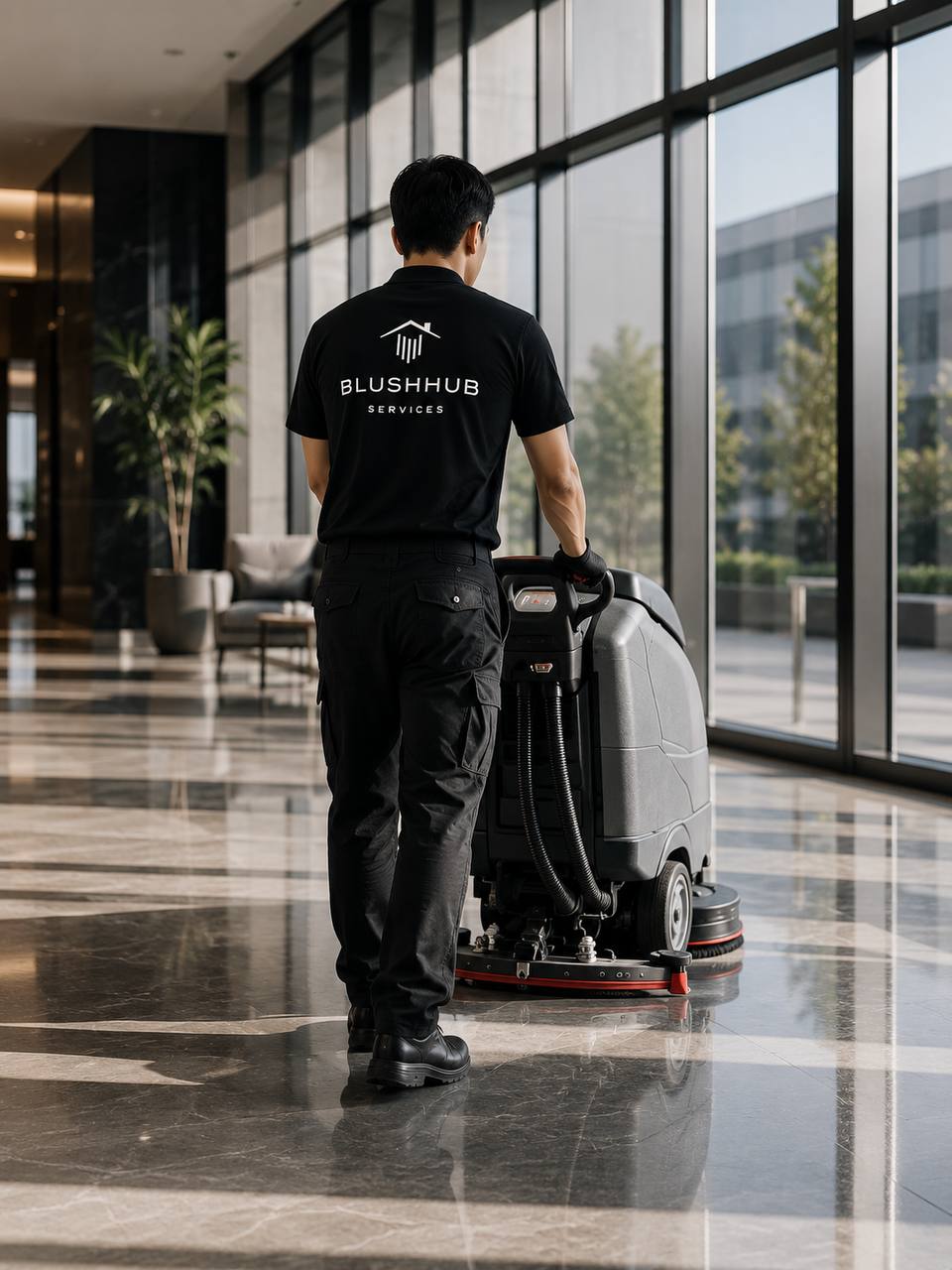 BlushHub team member using commercial floor care equipment