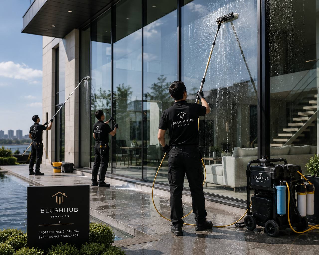 BlushHub exterior window cleaning team at work