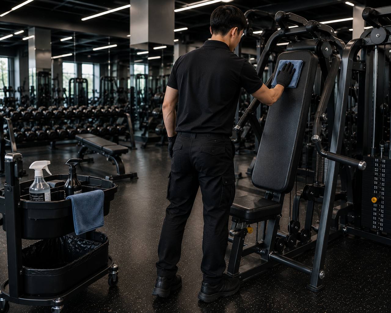 BlushHub team member cleaning fitness equipment