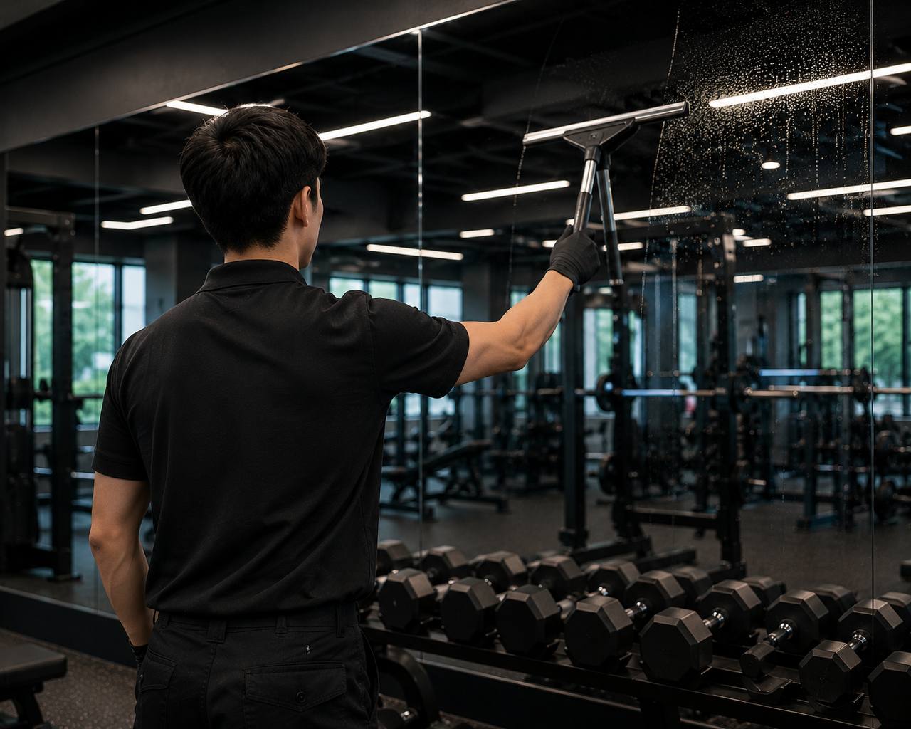BlushHub team member cleaning glass in a fitness facility