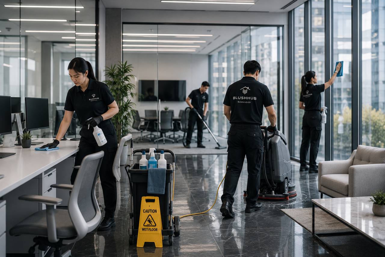 BlushHub cleaning team working together in an office