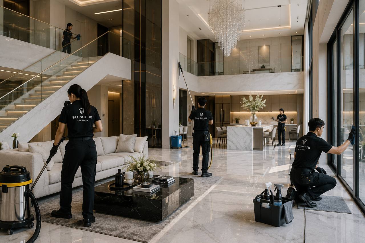 BlushHub cleaning team outside a large property